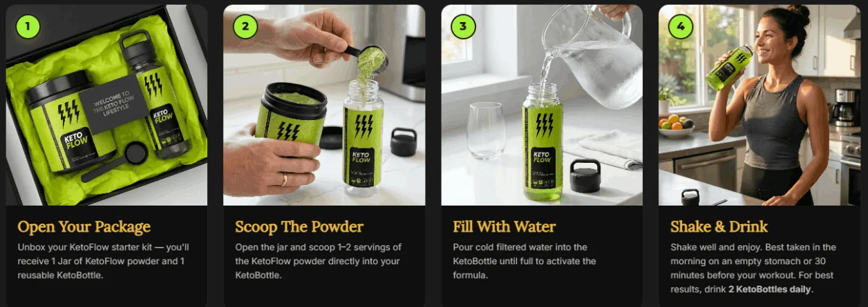 How to use KetoFlow - scoop mix and drink keto powder supplement daily routine instructions
